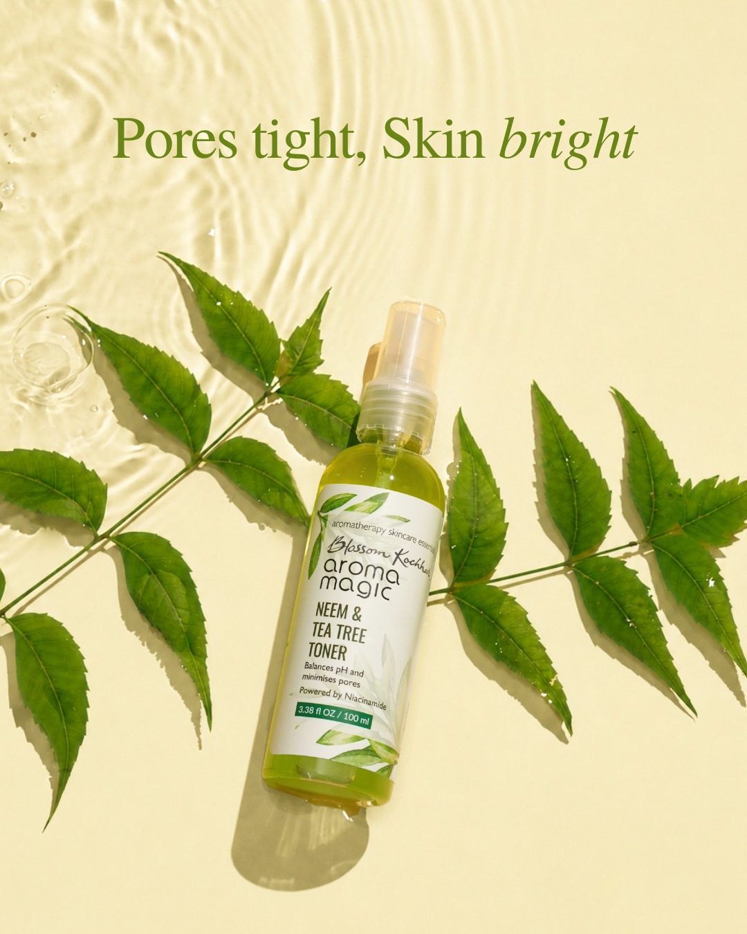 Neem and tea tree toner resting on neem leaves in water