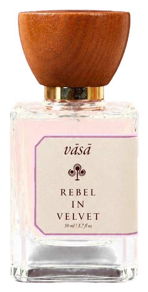 Rebel in Velvet eau de parfum, 50 ml: a square glass bottle with a turned wooden cap