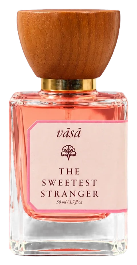 Sweetest Stranger eau de parfum, 50 ml: a square glass bottle with a turned wooden cap