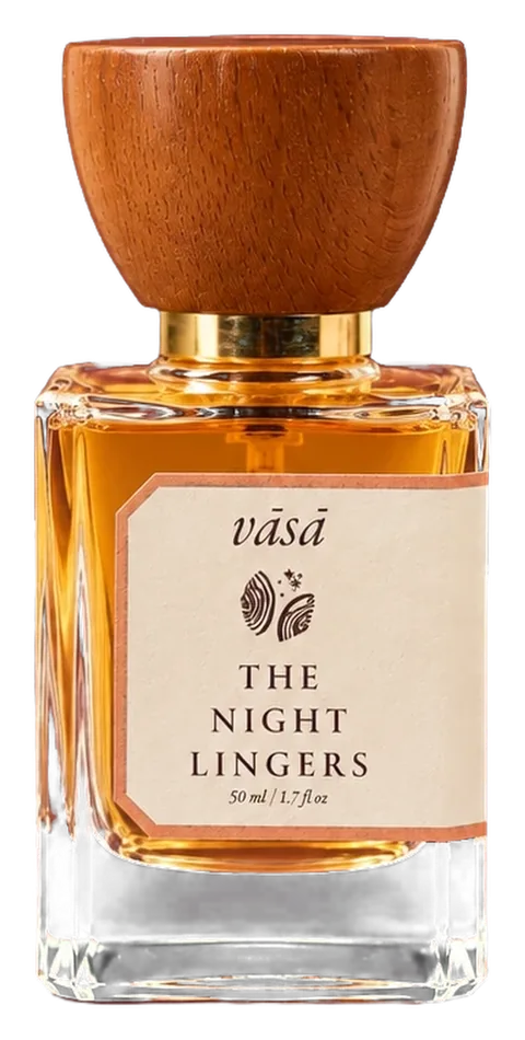The Night Lingers eau de parfum, 50 ml: a square glass bottle with a turned wooden cap