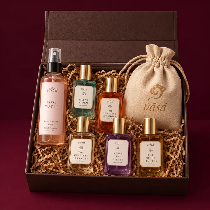 An open gift box of VASA fragrances and rose water in shredded paper, beside a drawstring pouch