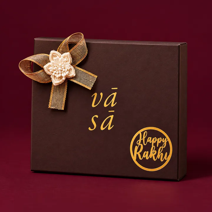 A dark VASA gift box with a gold ribbon, a beaded flower and a gold Happy Rakhi seal