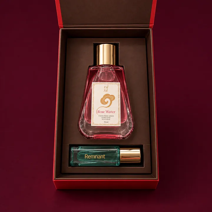 An open red box holding a bottle of rose water and a small roller bottle