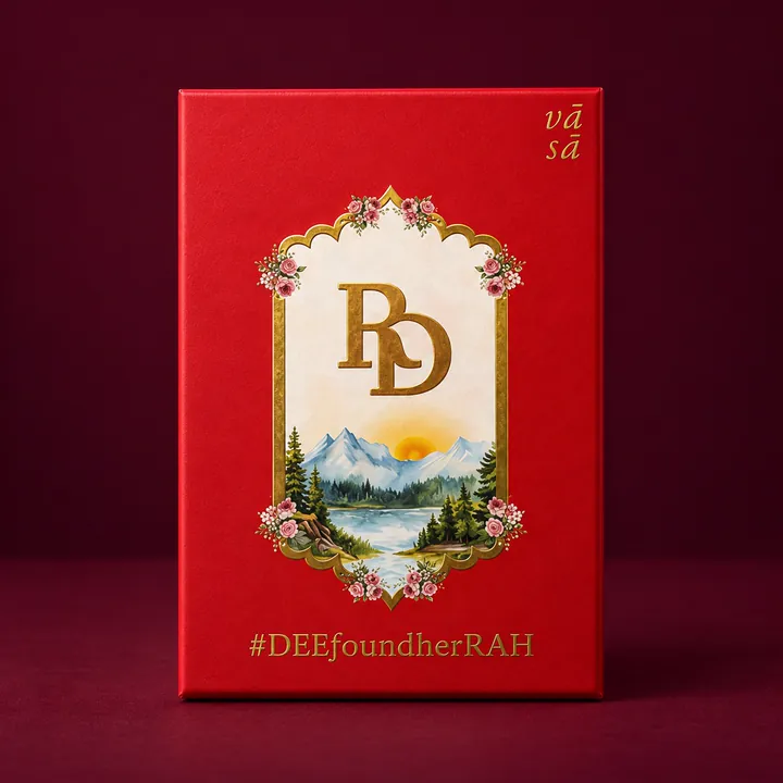 A red VASA box printed with a gold monogram in a painted arch of mountains and roses, and a wedding hashtag