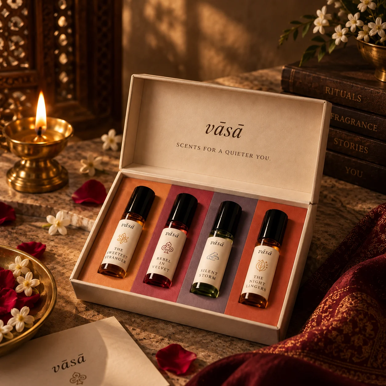 The Discovery Kit: four 5 ml bottles in an open ivory box