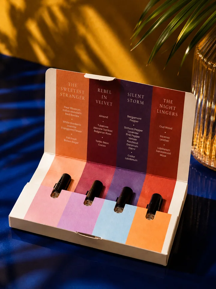 The Discovery Kit open on a deep blue surface in late sun: four black-capped vials above pink, lilac, blue and peach panels, beside a ribbed amber glass vase and palm leaves
