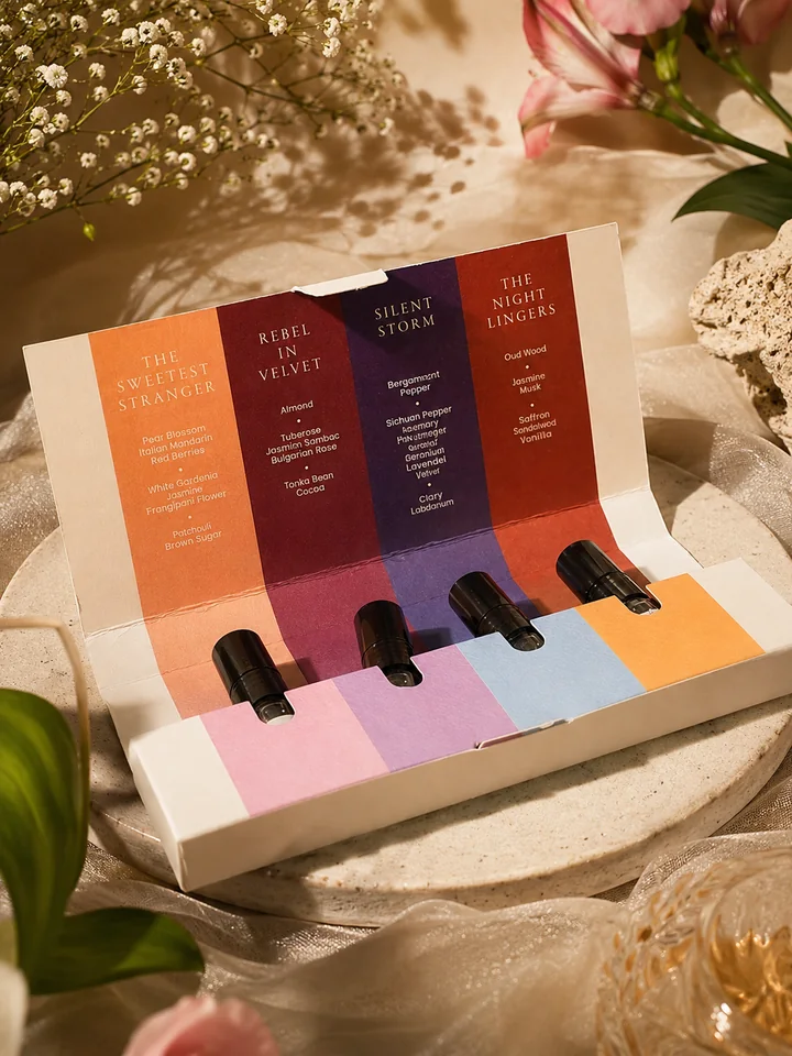 The Discovery Kit open on a round stone: four black-capped vials above pink, lilac, blue and peach panels, under a lid listing the notes of The Sweetest Stranger, Rebel in Velvet, Silent Storm and The Night Lingers, with pink lilies and baby's breath