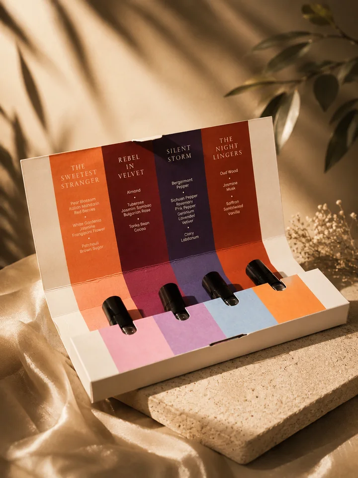 The Discovery Kit open on a stone slab and ivory satin, palm shadows on a warm wall, its four vials above pink, lilac, blue and peach panels
