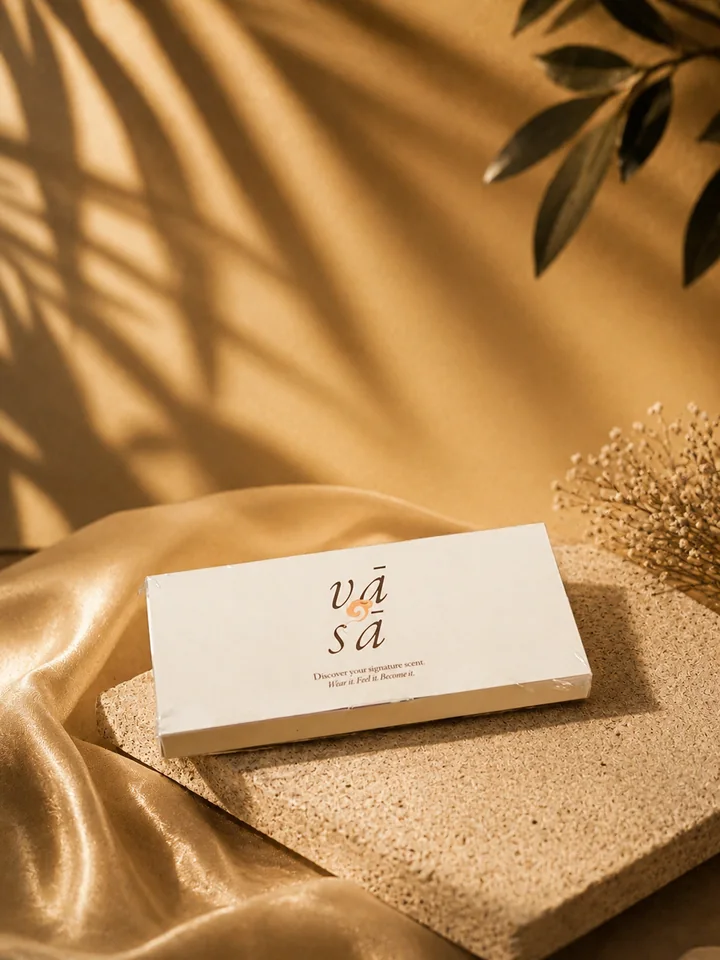 The Discovery Kit closed in its ivory sleeve with the vā sā mark, on a block of stone draped in gold satin, leaf shadows on an ochre wall