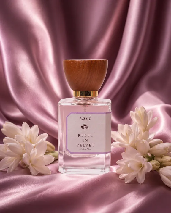 Rebel in Velvet on rose satin between sprays of tuberose