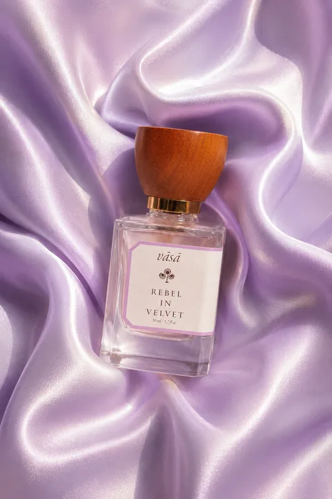 Rebel in Velvet on folds of lilac satin