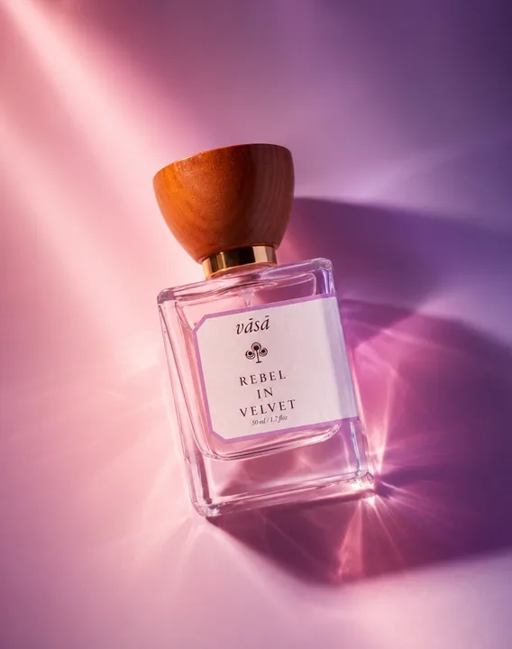 Rebel in Velvet in a beam of pink and violet light