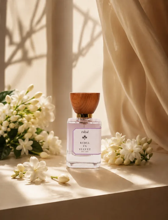 Rebel in Velvet on a sunlit sill with white jasmine