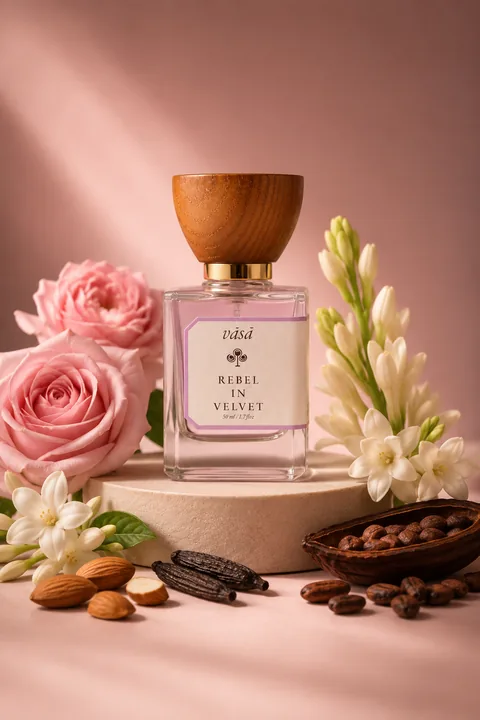 Rebel in Velvet on a stone plinth with pink roses, tuberose, almonds, vanilla pods and cocoa beans