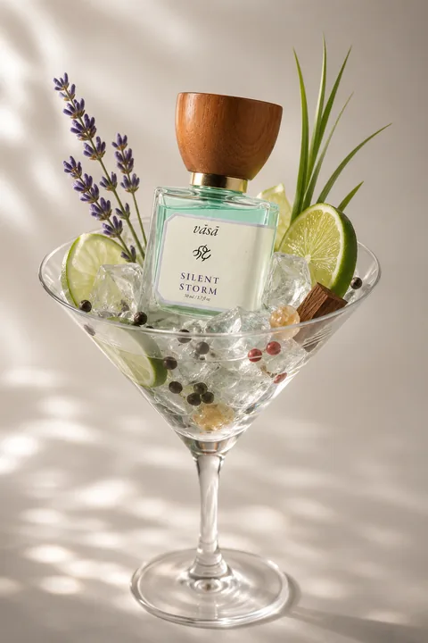 Silent Storm in a cocktail glass with ice, lime, lavender, peppercorns and cedar