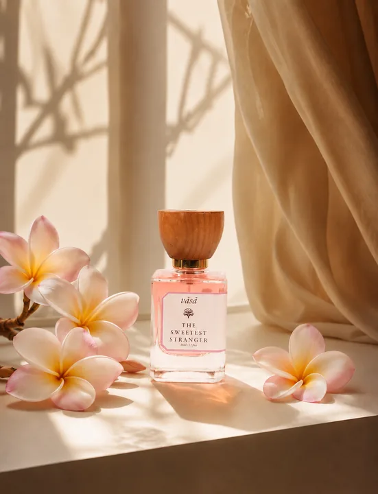 Sweetest Stranger on a sunlit sill with frangipani flowers
