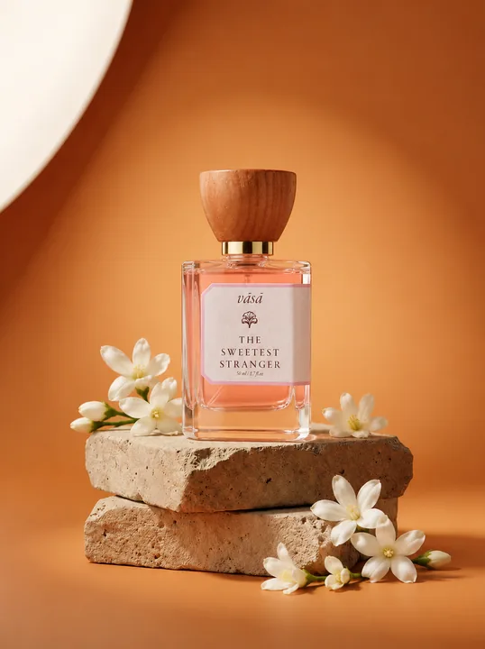 Sweetest Stranger on stacked stone with white jasmine, in warm orange light