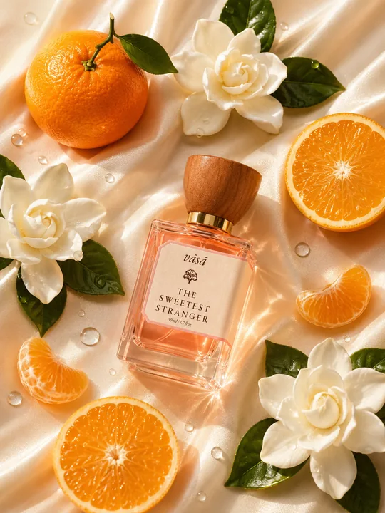 Sweetest Stranger on cream satin among oranges, mandarin segments and white gardenias