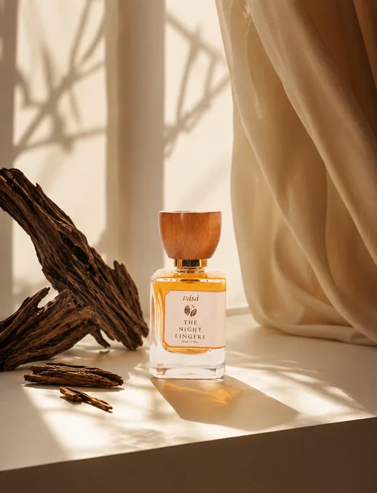 The Night Lingers on a sunlit sill beside a piece of dark oud wood